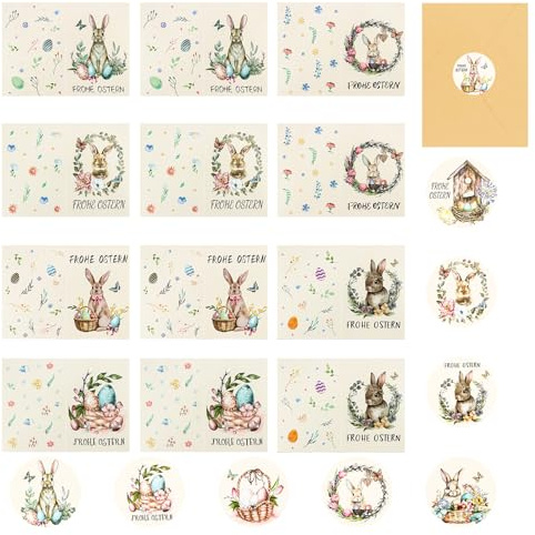 Exipsat Osterkarten mit Umschlag & Aufklebern, 12er-Set Frohe Ostern-Grußkarten, Faltbare Klappkarten mit Hasen-Motiven, Kraftpapier-Kartenset für Ostergrüße