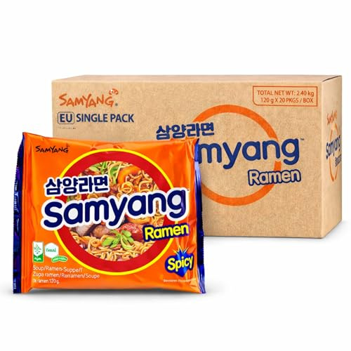 Samyang Spicy Ramen Noodles 120g x 20 Packs – Korean Instant Ramen Noodles Multipack, Halal Ramyeon, Spicy Instant Noodles, Ramen Instant Noodles Pack