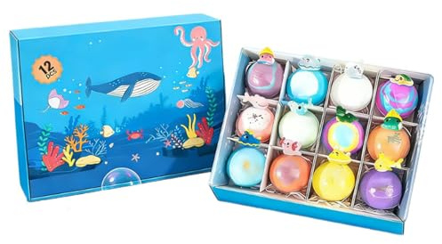 Badebomben Für Kinder – 12 Badebälle Mit Tiermotiven | Entspannender Körperreiniger Mit Meeresdesign | Lustiges Spa Geschenk Für Kinder – 50g Pro Stück