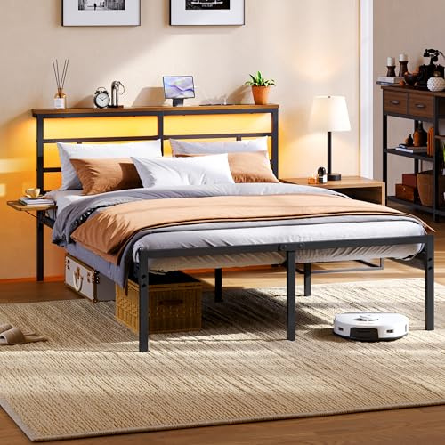 Yaheetech Bett 140×200 cm mit LED Beleuchtung & Ladestation