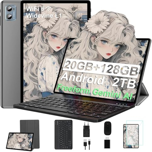 SUAAT Tablet-PC Android WiFi 6 Großer Speicher,Lernen und Unterhaltung | Gemini AI,Widevine L1,20 GB RAM + 128 GB ROM (2 TB),Octa Core,GMS,BT 5.0,mit Hülle, Tastatur und Maus-Grau