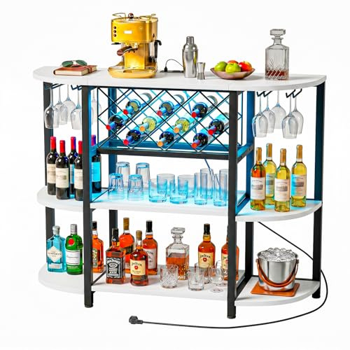 Homieasy Mobile Bar con LED, Prese e Portabottiglie | In Legno e Metallo, 120x40x91cm, Per Soggiorno e Cucina