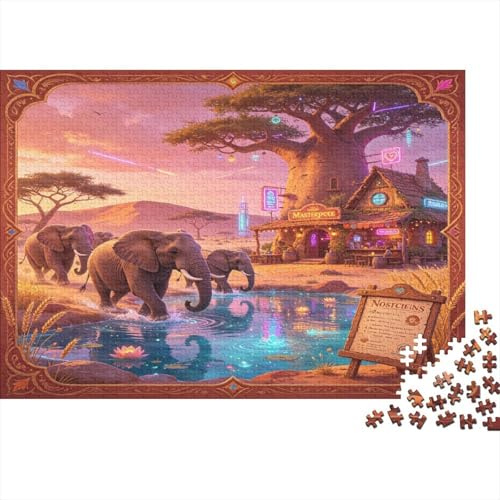 Afrikanischer Elefant Sonnenuntergangslandschaft 1000 Teile Puzzle Papier für Erwachsene Wasserstelle Familienspiel Puzzle Entspannung Deko Geschenk nan