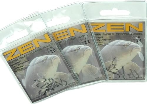 ZEN Tackle Barbless Eyed Coarse Fishing Hooks Sizes 10, 12, 14, 16, 18, & Hook Selection Pack (Size 16-5 Packs)