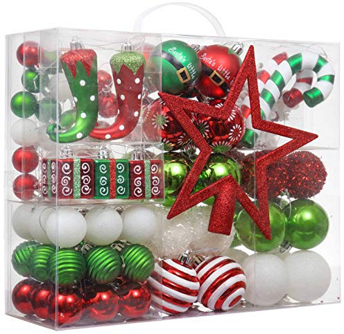 Victor's Workshop Weihnachtskugeln 100tlg. Plastik Christbaumkugeln Set Christbaumschmuck für Weihnachtsbaum Dekoration Weihnachtsdeko Partydeko Hausdeko Elfen Thema Rot Grün Weiß(L)