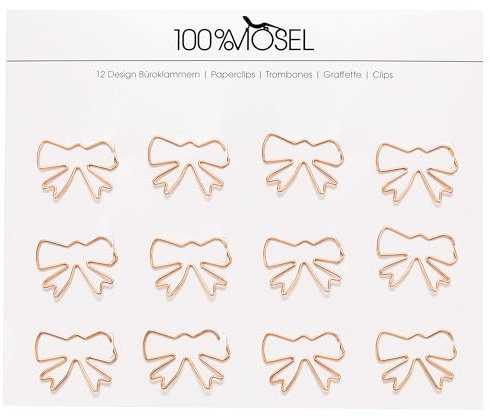 100% Mosel Büroklammern Roségold, 12 Stück, in Schleifenform (3,3 x 2,4 cm), edle Klammern aus Metall, modernes Accessoire fürs Büro/Homeoffice, elegante Deko zu besonderen Anlässen