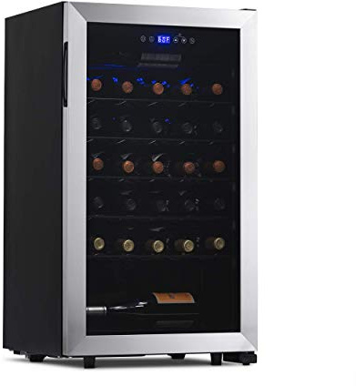 NewAir 33 Bottle Wine Fridge, Freestanding or Built-In Refrigerator, Stainless Steel Cooler, UV Protected Glass Door with Recessed Handle, Digital Thermostat