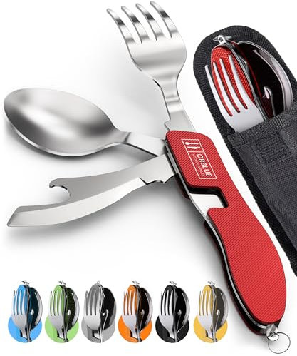 Orblue Paquete de 2 utensilios de camping 4 en 1 – Cuchara portátil de acero inoxidable para camping, tenedor, cuchillo y abridor de latas/botellas – Utensilios de embalaje con funda