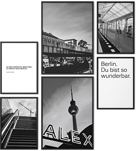 Papierschmiede® Mood Poster Set Berlin Schwarz-Weiß, Fertiges Bilder Set mit Rahmen (Holz, schwarz), Wohnzimmer Deko Schlafzimmer, 2x DIN A3 und 4x DIN A4, U-Bahn BVG Fernsehturm