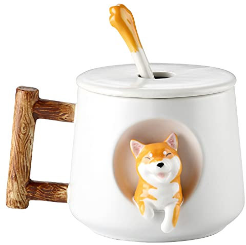 Süße Shiba Inu Kaffeetasse Teetasse Becher Geschirr 420ml Keramik Tasse mit Deckel und Löffel, Keramikbecher Kaffeebecher Porzellan Cappuccino Tasse Coffee Milk Tea Mug