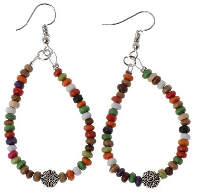 XIGAWAY Boho-Ohrringe, Ethno-Stil, Regenbogen-Holzperlen, große Kreolen, baumelnde Ohrringe, Modeschmuck