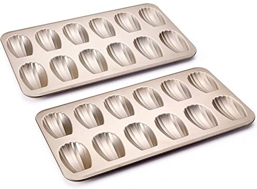 HONGBAKE Nonstick Madeleine Pan 2 Pack 12-Cavity Heavy Duty Madeleine Cookies Trays for Oven Baking, Warp Resistant Shell Shape Madeleine Mold Cake Pan, Champagne Gold
