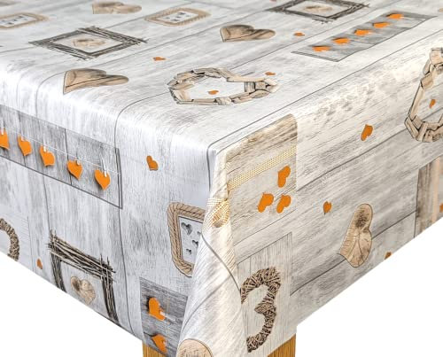 Karina Home Orange on Grey Wood Effect Love Hearts Wipe Clean Tablecloth Vinyl PVC Table Cover Wipeable Table Cloth (Orange, 180cm x 140cm)