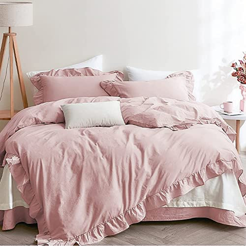 Lanqinglv Rüschen Bettwäsche 200x220cm 3 Teilig Rosa Mädchen Mikrofaser Deckenbezug Romantisch Bettbezug Doppelbett mit Reißverschluss mit 2 Kissenbezüge 80x80cm