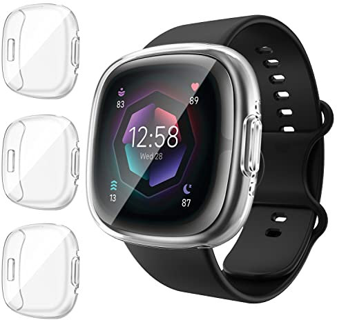 ivoler 3 Stücke Klar Silikon Hülle für Fitbit Sense 2 / Fitbit Versa 4 Schutzhülle, Vollständige Abdeckung Schutzfolie Weiche TPU Cover Case Schutz Displayschutz Folie