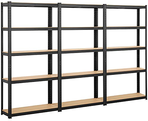 Yaheetech 3 x Étagère de Rangement 180 x 90 x 30 cm Étagère Garage à 5 Niveaux avec Cadre en Métal Tablette en Bois MDF Réglable en Hauteur Domicile Magasin Bureau Entrepôt 180 x 270 x 30 cm/Noir