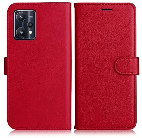 DENDICO Hülle für Oppo Realme 9 Pro Plus, PU Leder Brieftasche Handyhülle, Flip Tasche TPU Schutzhülle mit Kartenfach für Oppo Realme 9 Pro Plus, Rot