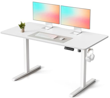 FEZIBO Schreibtisch Höhenverstellbar Elektrisch, 140 x 60 cm Stehschreibtisch mit Memory-Steuerung und Anti-Kollisions Technologie, Weißer Rahmen/Weiße Tischplatte