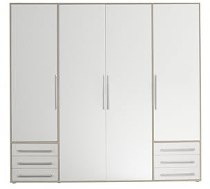 Stella Trading LYSS Kleiderschrank weiß mit Schubladen - Vielseitiger Schlafzimmerschrank 4-türig in Weiß, Eiche San Remo Nachbildung - 206x 194 x 58 cm (B/H/T)