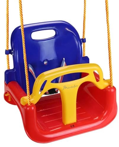 Montafox Balançoire pour Enfants bébés 3 en 1 réglable évolutive Balançoire pour Enfants avec Dossier Ceinture de sécurité, Couleur:coloré