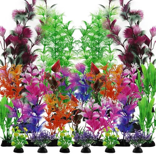 QUOZUO 25 Pièces Plantes d'aquarium Plastique Décoration, Plante Aquarium Artificiel Coloré Plantes Aquatiques Décor pour Décoration d'aquarium, Petit à Grand (6 à 30cm)