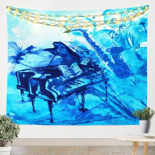 Sxakswol Wandteppich Groß Musik Klavier Wandteppich 200x200 Wandbehang Blau, Tapisserie 3D Wandtuch Aesthetic Wandteppiche für Wohnzimmer Schlafzimmer Wohnheim Wanddeko 2592b