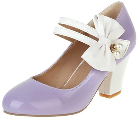 Etebella Damen Mary Jane High Heels Lack Pumps mit Blockabsatz und Schleife Rockabilly Vintage Schuhe(Lila,40)