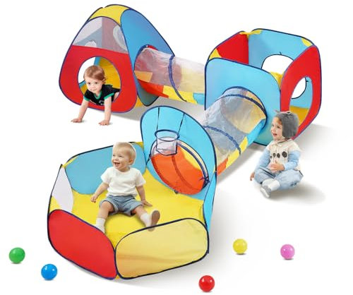 VEVOR Tente tunnel de jeu enfants 5en1, panier de basket, maison de jeu pop-up intérieur extérieur sac de transport sangles de serrage cadeaux pour garçons, filles, bébés, tout-petit, rouge/jaune/bleu