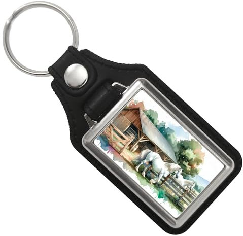 weiße Pferde auf der Koppel Schlüsselanhänger mit Kunstleder-Anhänger Hintergrund Stall-Boxen Reitsport Pferdestall ideal als Geschenk für Pferdeliebhaber
