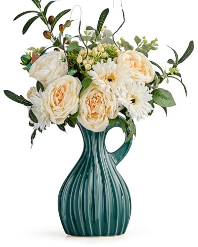 Octdays Modern Vase Home Decor: Green Ceramic Pitcher Vase Decorative Jug Vases Ribbed Flower Vase for Table Centerpieces Kitchen Mantel Decoration (large 10'')