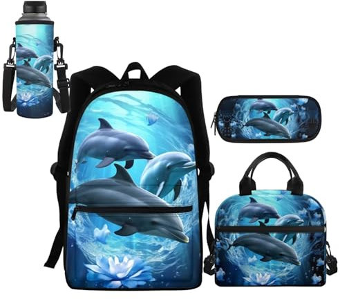 HELLHERO 4 IN 1 Adorable Dolphin Backpack for Girls School Bag with Insulated Lunch Box Pencil Case Boys Water Bottle Sleeve Kids School Backpacks Elementary Kindergarten Preschool Bookbag