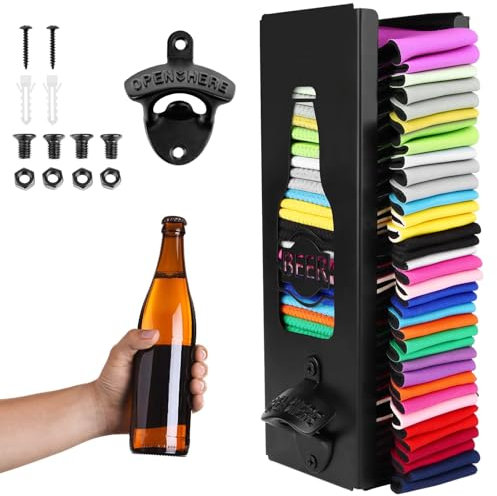 FIONUPI 2 in 1 Metal Can Cooler Holder with Bottle Opener Beer Holder Wall Mounted 12 Beer Can Sleeves Storage Organizer and Dispenser Family Bar Gift for Beer Lovers