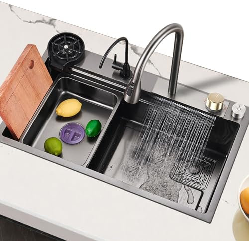 JXDWTL Fregadero de Acero Inoxidable Negro Fregadero de Cocina Fregadero de un Solo tazón Grifo de Cascada Negro Perilla de Control Drenaje Accesorios completos, 80x45cm
