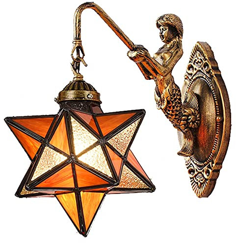 AIBOTY Moravian Star Wandleuchte mit Tiffany Buntglasabdeckung, Vintage rustikale industrielle Wandleuchte Retro Wandleuchte Leuchte 1-Licht,Orange