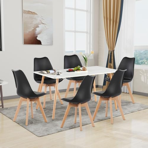 H.J WeDoo Esszimmergruppe Esstisch mit 6 Stühlen Essgrupp, Rechteckig Küchentisch und 6er Set Esszimmerstühle Sitzgruppe für Wohnzimmer Küche Büro(140x80cm Tisch+6 Schwarz Stühle)