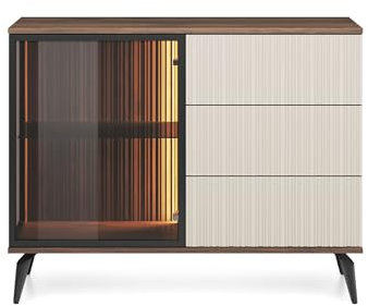 BETTSO - Kommode mit Schubladen - Sideboard, Vitrine Glas - 103x39x80cm - Stilvoller Wohnzimmer Schrank mit Licht - Elegante Rillen, hohe Beine - Push to Open System - Holzoptik und Beige