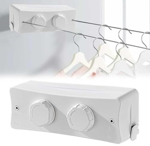 Tendedero Retráctil Ajustable 5.1m, 2 Inoxidable Cuerdas Tendedero Extensible Pared Montado,Ajuste con botón Giratorio,Capacidad de Carga 20 kg,para baño, balcón, Hotel,Exterior