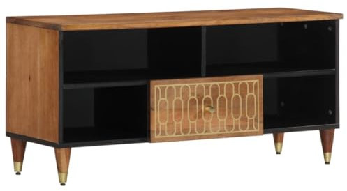 TV Schrank, TV Board, TV Tisch, TV-Regal, TV Lowboard mit Schublade und offenen Fächern, Fernsehschrank Fernsehtisch für Wohnzimmer, 100x33x46 cm Massivholz Mango