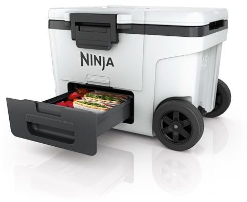 Ninja FrostVault Nevera portátil rígida, con Ruedas y cajón Dry Zone Integrado a Temperatura de frigorífico, Mantiene el Hielo Durante días, Capacidad para 68 latas, Blanco Nube, FB245EUWH