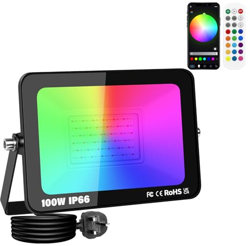 SKYWORLD 100W RGB Projecteur LED Exterieur, Intelligente RGB Spot LED Extérieur, Smart Floodlight avec APP Control, Etanche Eclairage Exterieur LED Couleur avec Prise pour Jardin, Patio, Cour
