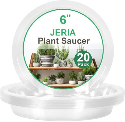 JERIA 6 Inch 20 Pack Clear Plant Saucers,Plastic Flower Pot Trays,Round Durable Plant Drip Trays for Indoor and Outdoor
