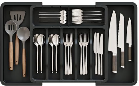 ABHENG Portaposate da Cassetto, Organizzatore di Posate, Cassetti di Utensili da Cucina Espandibile e Regolabile, con 9 Compartimenti, per Cucchiai, Forchette, Coltelli, Nero, AFD011B