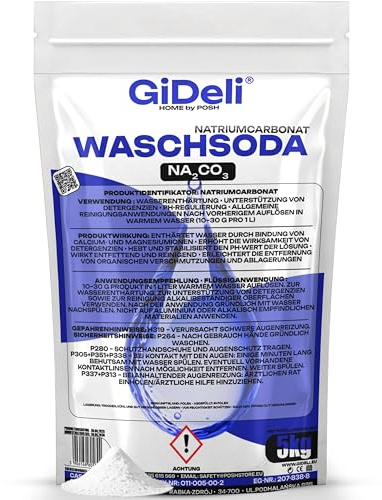 GiDeli Waschsoda 5 kg Pulver - Reines Natriumcarbonat, Wasserenthärter | Phosphat- und duftstofffrei, für Wäsche, Küche, Bad und Abfluss, löst Fett, bindet Kalk, E 500(i)