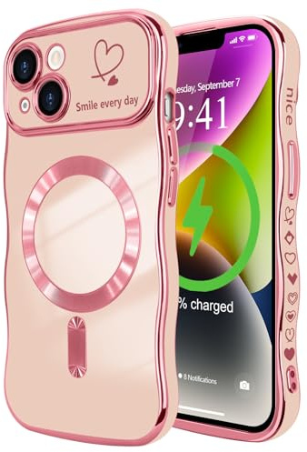 LCHULLE Magnetisch Handyhülle für iPhone 14 Hülle [Kompatibel mit Magsafe] Liebesherz Schutzhülle Kameraschutz Wellen Lockige Form Galvanisch Silikon Case für iPhone 14 Rosa