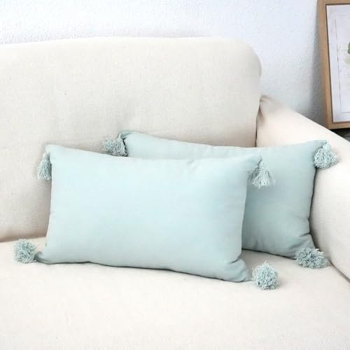 Viste tu hogar Pack 2 Funda de Cojín 100% Algodón con Borlas, Cremallera Oculta, Tejido Suave y Transpirable, Estilo Bohemio Chic para Salón, Dormitorio o Terraza, Turquesa, 30X50CM