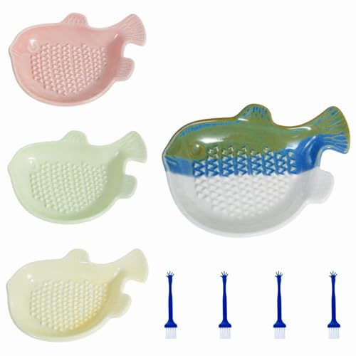 4 Stück Keramikreibe mit Pinsel 12x9x3cm, Fischform Keramik Ingwer Reibe mit Harten Zähnen, Ingwer Reibeteller Spülmaschinenfest für Knoblauch Karotten Äpfel Kartoffeln Käse
