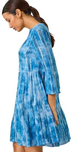 Roman Originals Smock Dress for Women UK Ladies Cotton Summer Embroidered Frilled Tiered Casual Beach Cruise Holiday Cocktail Party 3/4 Sleeve Pull On Gathered Skirt - Blue Tie Dye - Size 14