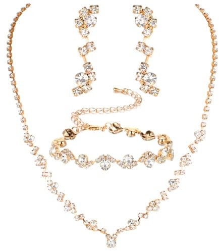 Telooco Strass Brautschmuck Gold Hochzeitsschmuck Damen Elegante Hochzeit Schmuck Set Wellen Halskette Ohrringe Armband Modeschmuck Kristall Schmuckset für Abschlussball Hochzeit Party