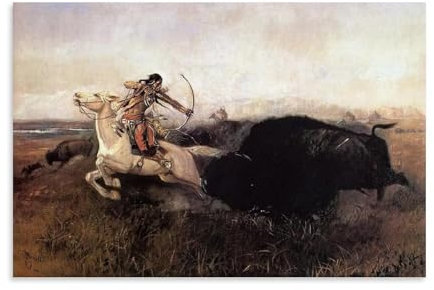 YYUEQIL Charles Marion Russell Drucke, Indianer, Jagd, Büffel, Wandkunst, Kunstdruck, Wandkunst, Gemälde, Leinwand, Geschenk, Dekoration, Zuhause, dekorativ, ungerahmt, 30 x 45 cm