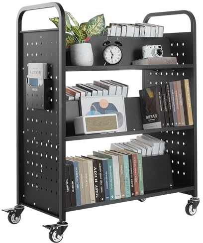 VEVOR Carrello Portalibri con Ruote 970 x 515 x 1225 mm Carrello Rotante Porta Libri, Carico 150 kg Ripiani a W Bifacciali con Ruote Bloccabili 7,6 cm per Scaffali di Casa, Ufficio e Scuola, Nero